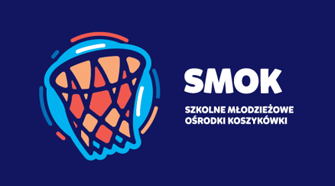 Grafika przedstawia kosz do koszykówki, obok napis SMOK - Szkolne Młodzieżowe Ośrodki Koszykówki